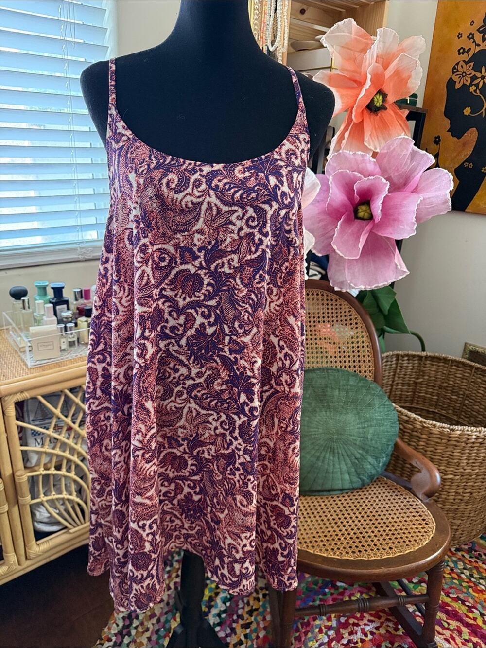 Free People Intimately Emily Purple Paisley Floral Boho Mini Swing Slip Dress